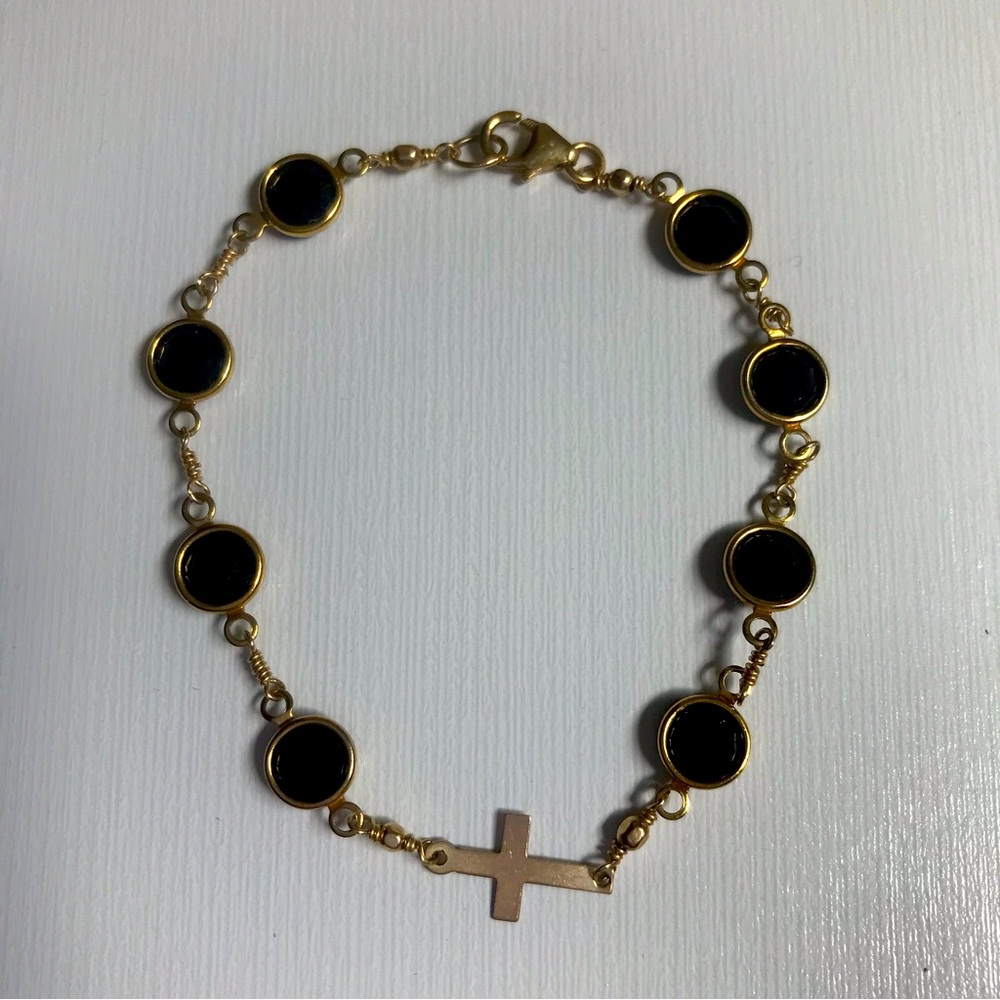 Brass cross bracelet with black resin gems